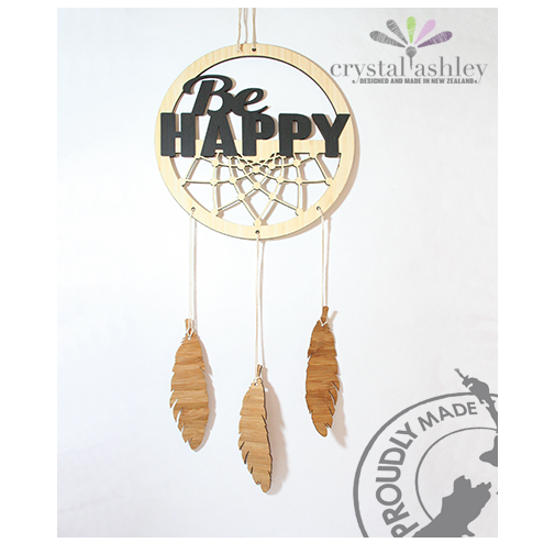Bamboo dream catcher with "Be Happy" design, featuring one ring and three feathers, 200mm diameter, eco-friendly and gift-ready.