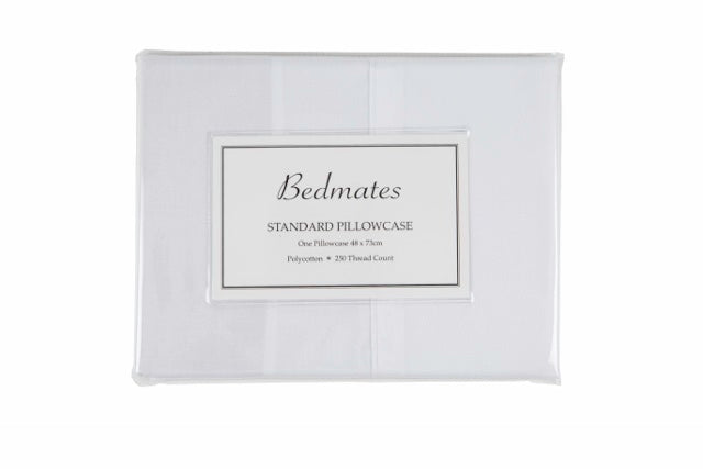 Bedmates 250TC white polyester cotton pillowcase, soft, durable, and wrinkle-resistant for a comfortable sleep experience.