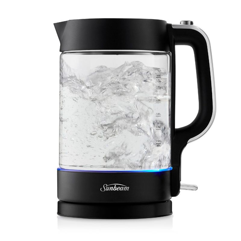 Sleek black Sunbeam Classics Glass Kettle with 1.7L capacity, blue illumination, and 360-degree base for easy use.