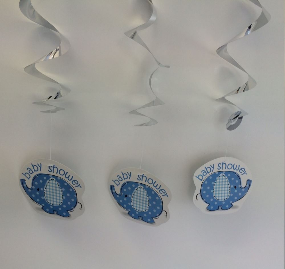 Decorative blue hanging swirls featuring adorable baby elephants, perfect for enhancing baby shower celebrations.