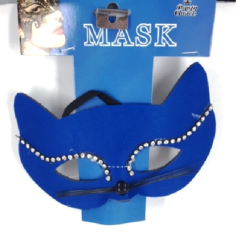 Exquisite blue cat lady masquerade mask with diamantes, featuring a flexible design and satin ribbon for secure wear.
