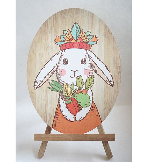 Whimsical Tribal Bunny Princess oval wall art, crafted from eco-friendly plywood for playful home decor.