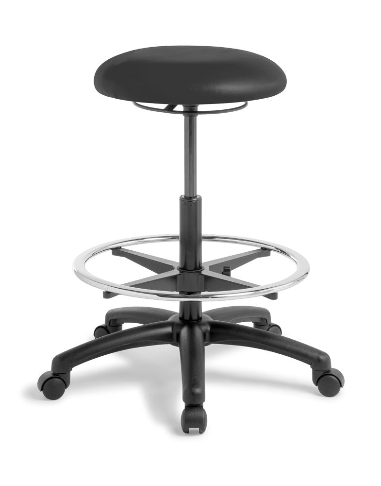 Adjustable black vinyl stool with footring, gaslift height adjustment, and 5-star swivel base for comfort and versatility.