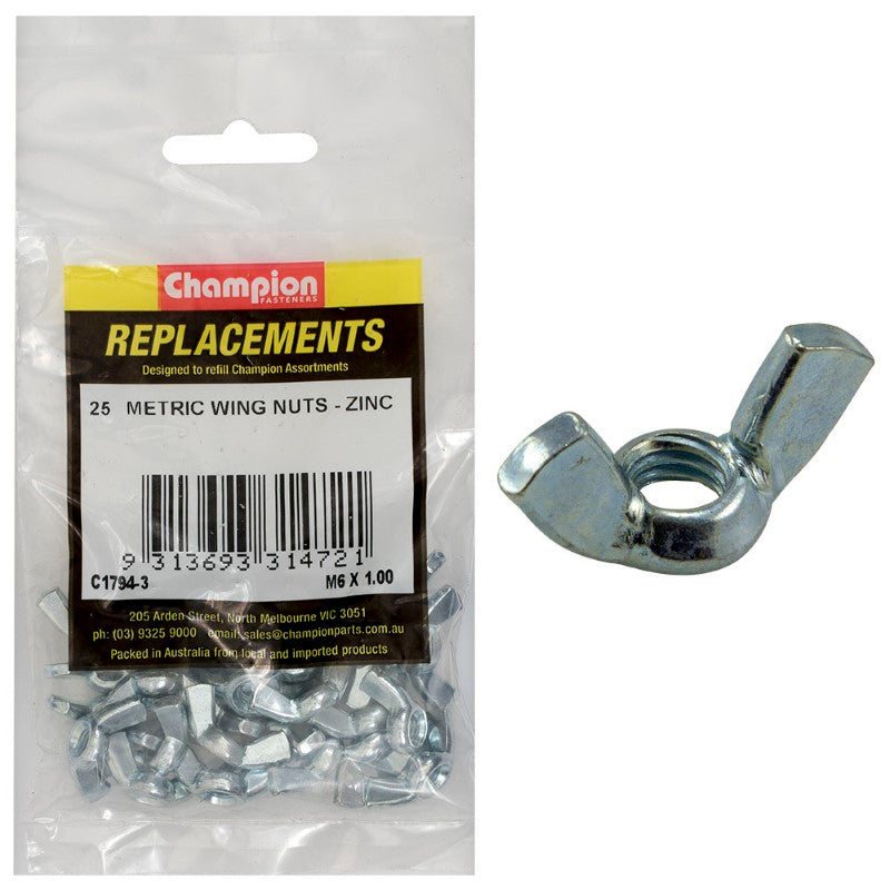 Champion M6 x 1.00 wing nut pack of 25, zinc-plated, corrosion-resistant fasteners for versatile DIY and professional use.