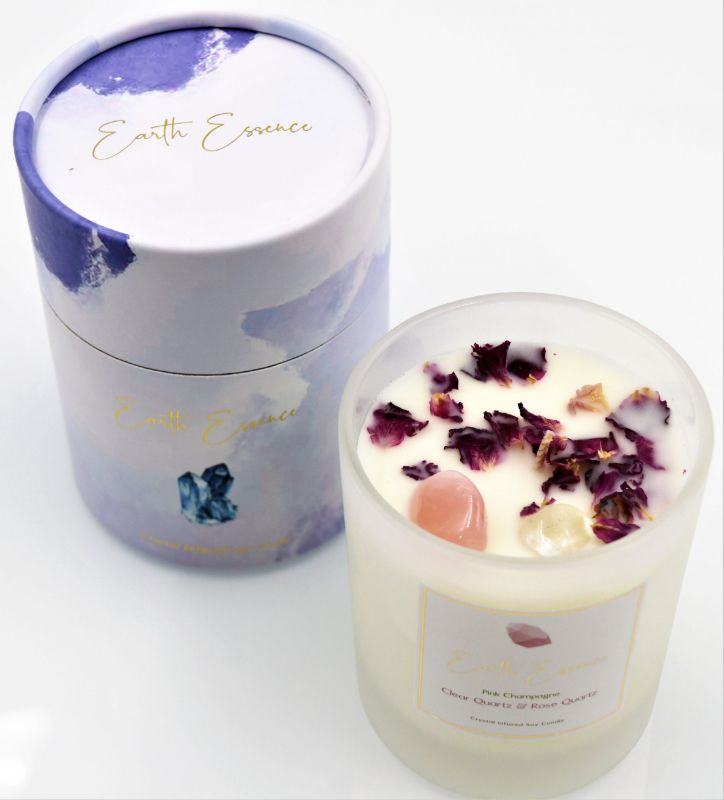 Soy Wax Candle in Crystal Pink Champagne, adorned with Rose Quartz, Clear Quartz, and dried Rose Petals; 40-hour burn time.