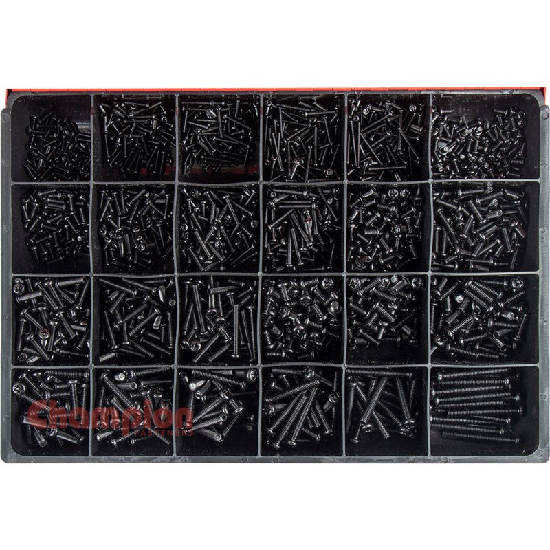Champion 1785pc Metric Black Machine Screw Master Kit with 1785 screws in various sizes, featuring black zinc plating and Phillips heads.