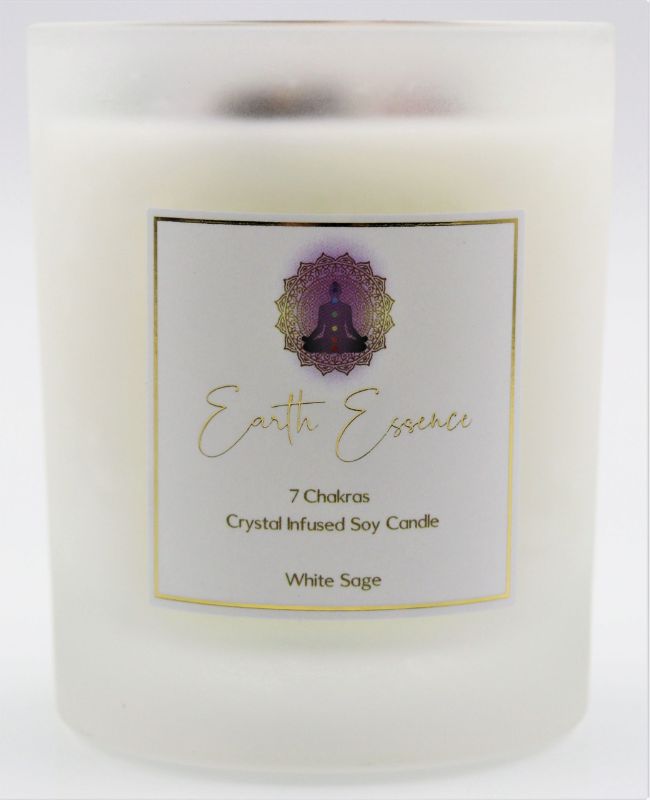 Soy wax candle featuring crystal chakra gemstones and white sage, promoting harmony and wellness with a 40-hour burn time.