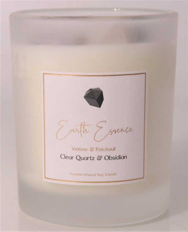 Crystal soy wax candle with white sage, vetiver, and patchouli, featuring clear quartz and obsidian for emotional healing.