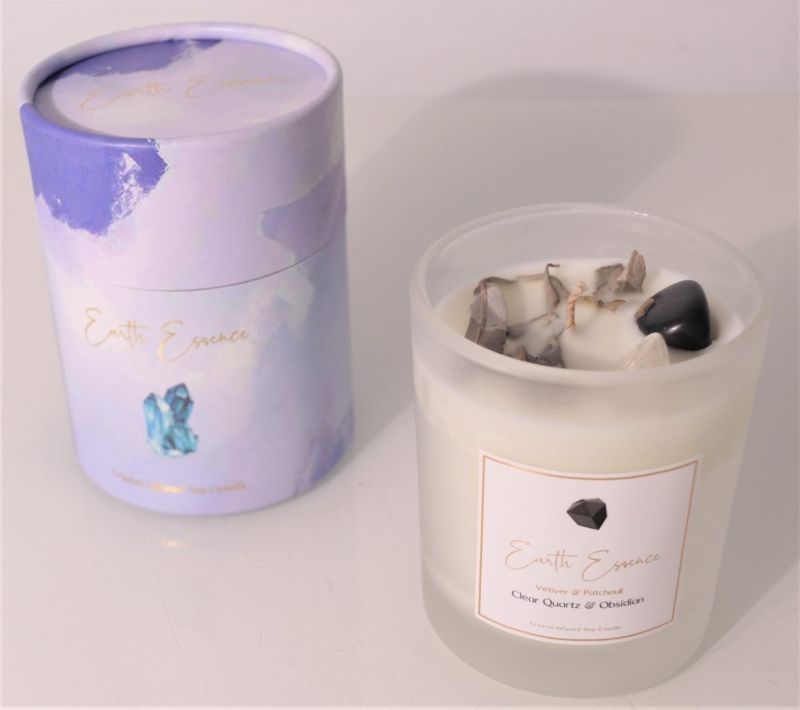 Crystal Soy Wax Candle featuring White Sage, Vetiver, and Patchouli with embedded Clear Quartz and Obsidian crystals.