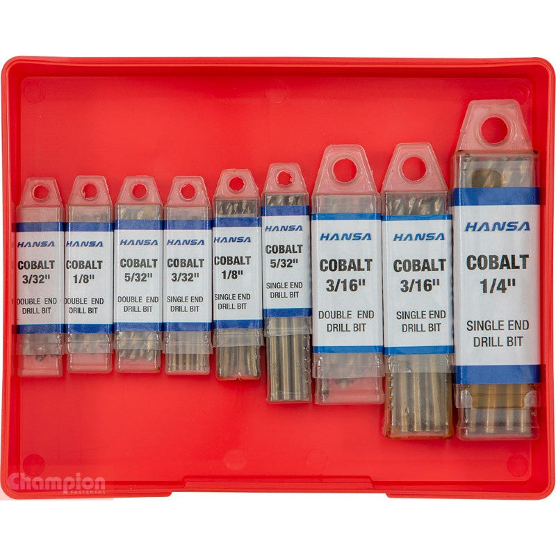 90-piece cobalt drill bit assortment featuring various sizes, ideal for durable drilling in metal, wood, and plastics.