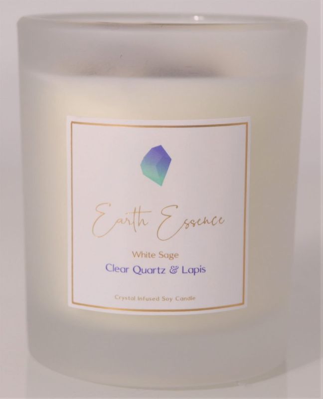 Crystal Soy Wax Candle featuring White Sage, Clear Quartz, and Lapis, perfect for wellness and home decor with a 40-hour burn time.