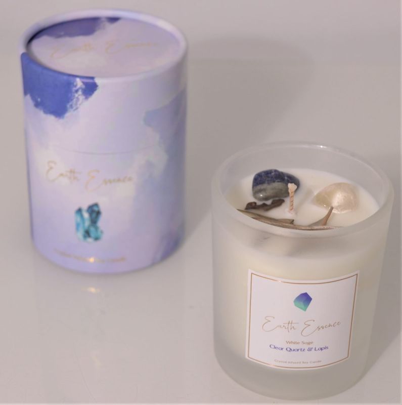 Crystal Soy Wax Candle featuring White Sage, Clear Quartz, and Lapis, ideal for calming decor and wellness with 40-hour burn time.