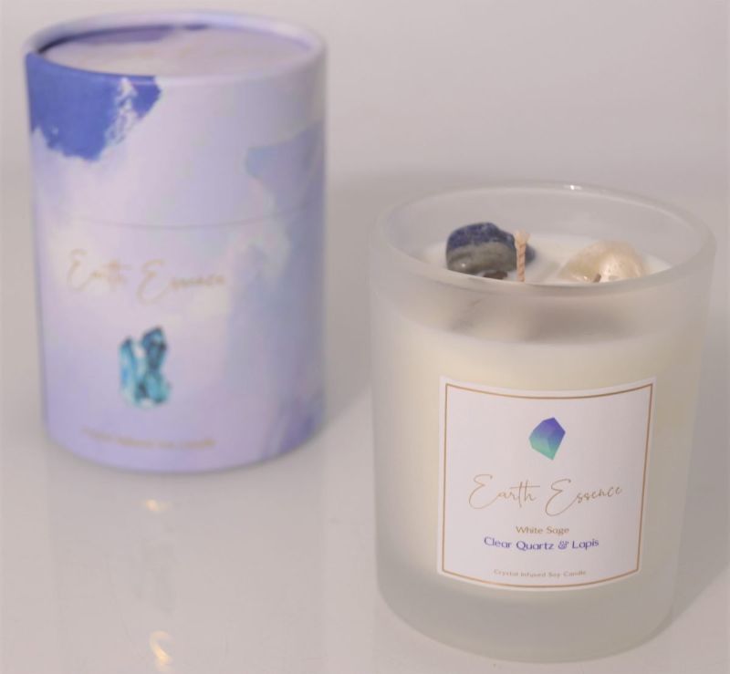 Crystal Soy Wax Candle featuring White Sage, Clear Quartz, and Lapis, perfect for meditation and creating a soothing atmosphere.