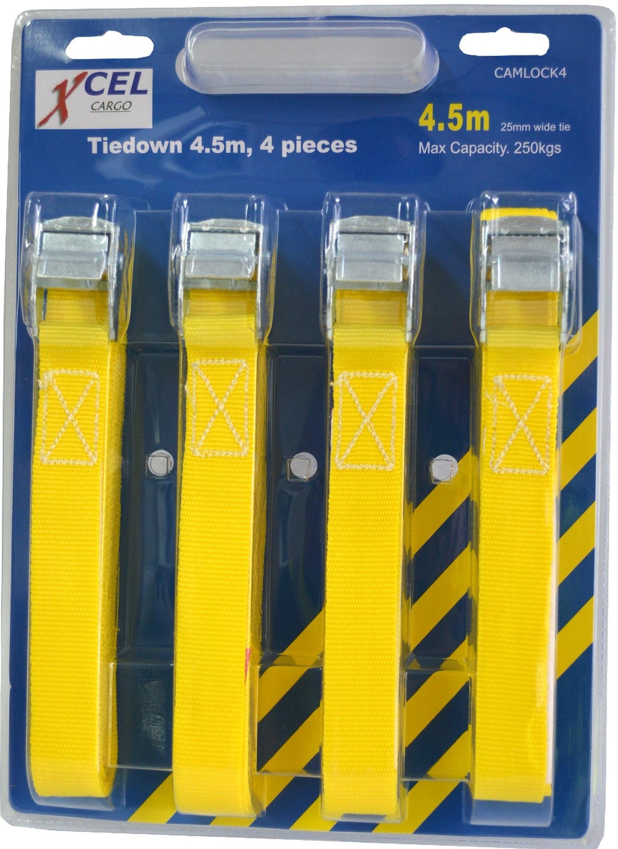 Bright yellow Camlock Tiedown Set, 4-piece, 2.4m x 25mm straps, secure light to medium loads up to 100kg effortlessly.