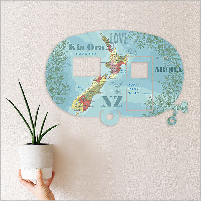 Vibrant Caravan NZ Map Kiwiana wall art, 398mm, crafted from durable ACM, perfect for indoor and covered outdoor display.