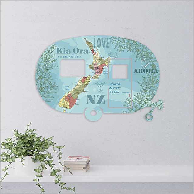 Wall art featuring a Kiwiana NZ map, made from durable ACM, perfect for indoor or outdoor decor, measuring 398mm x 267mm.