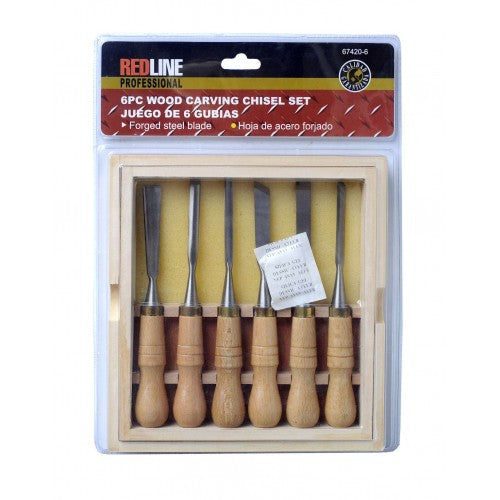 6-piece chisel carving set with wooden handles, pre-sharpened blades for versatile use on wood, clay, and wax.
