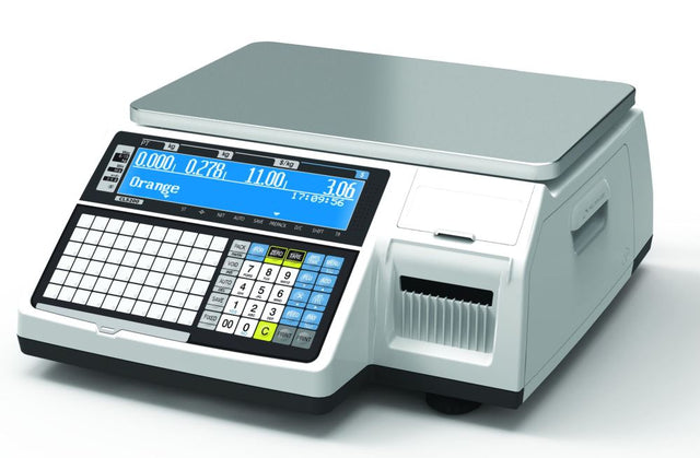 CAS CL5200 label printing scale with 15kg capacity, precision 2/5g, ideal for retail environments and easy label printing.