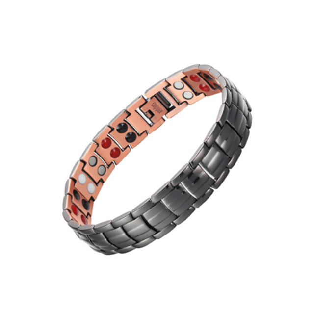 Two-tone copper bracelet with four magnets, designed for style and potential health benefits, adjustable for all wrist sizes.