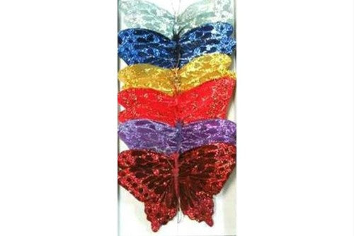 Colorful pack of 12 artificial glitter butterflies with bendable wire for versatile decorating and crafting projects.