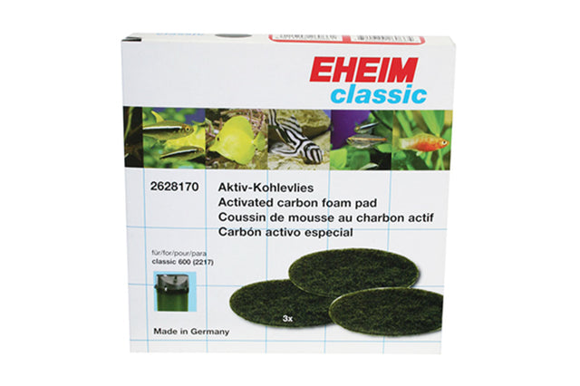 Eheim Classic 600 carbon filter pads, 3-pack, enhance aquarium clarity and remove toxins for a healthy aquatic environment.