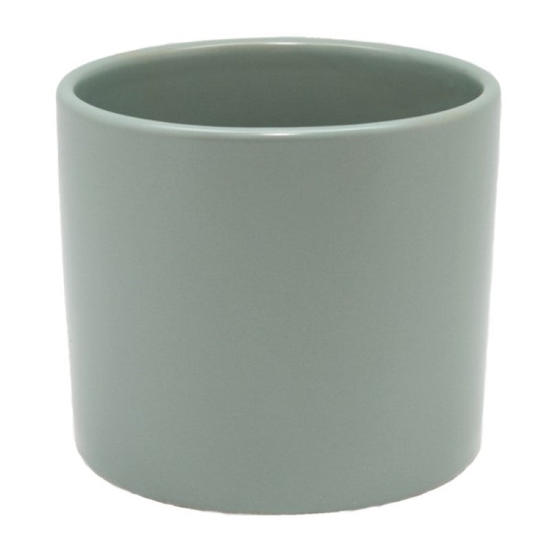 Ceramic cylinder planter in sage green, 13 cm tall, perfect for flowers or plants, adds elegance to any decor.