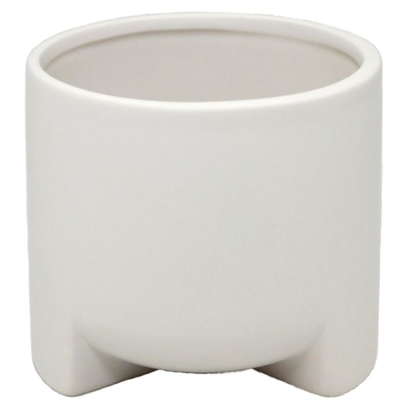 Round ceramic pot with feet in matte white, perfect for indoor/outdoor plants with an elegant and functional design.