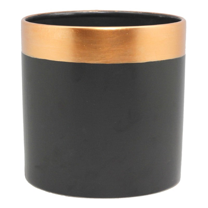 Two tone ceramic pot in matte black with copper rim, perfect for vibrant blooms or greenery, 18cm wide and high.