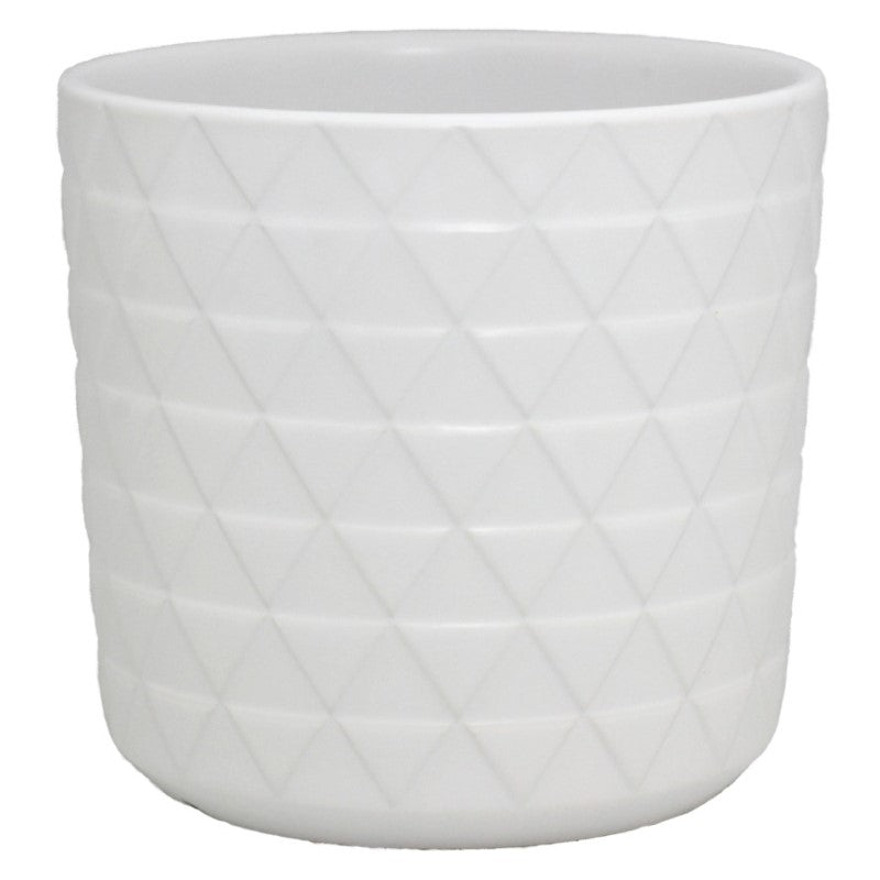 White geometric ceramic planter with drainage hole, perfect for small medium plants and elegant home decor.
