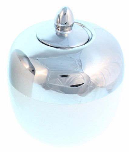 Elegant lidded round urn in white and silver ceramic, perfect for floral displays or keepsakes, measuring 14x14x17 cm.