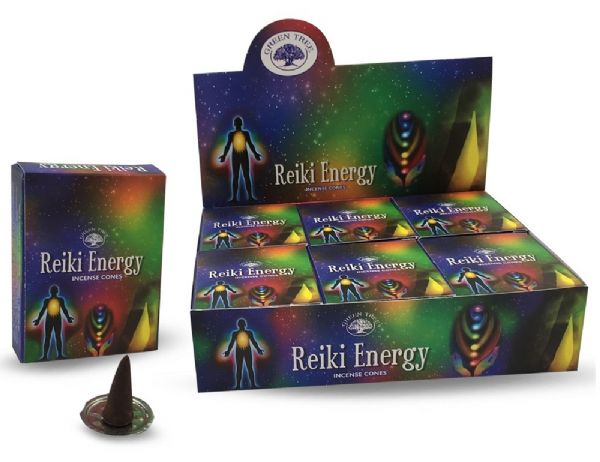 Green Tree Reiki Energy Cones pack of 10 for enhancing meditation and holistic healing with calming aromas and positive energy.