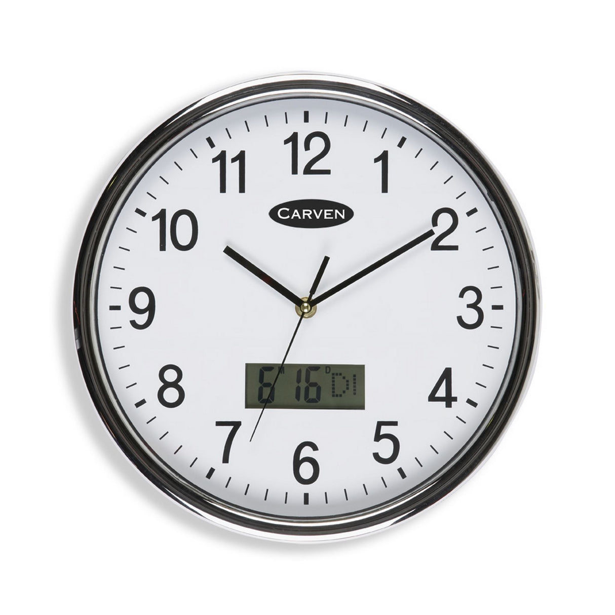 White 285mm Carven Clock featuring an analogue display, digital date function, and a sleek silver-framed design.