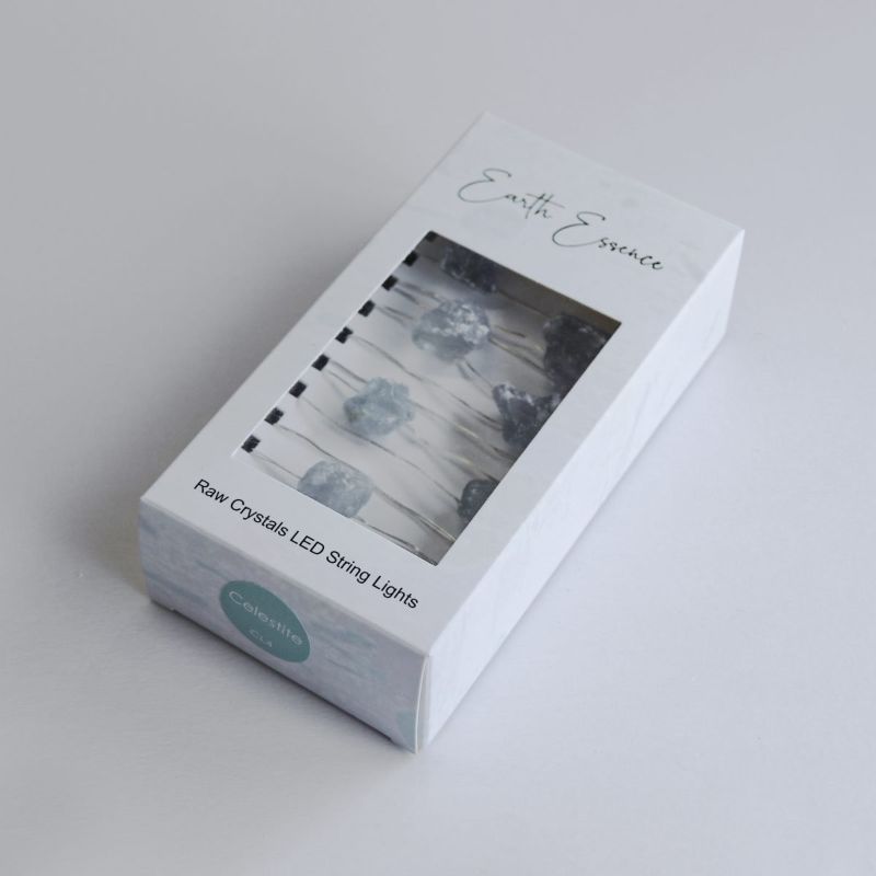 Enchanting 2m crystal fairy lights with 20 celestite stones, creating a warm glow for home decor and relaxation.