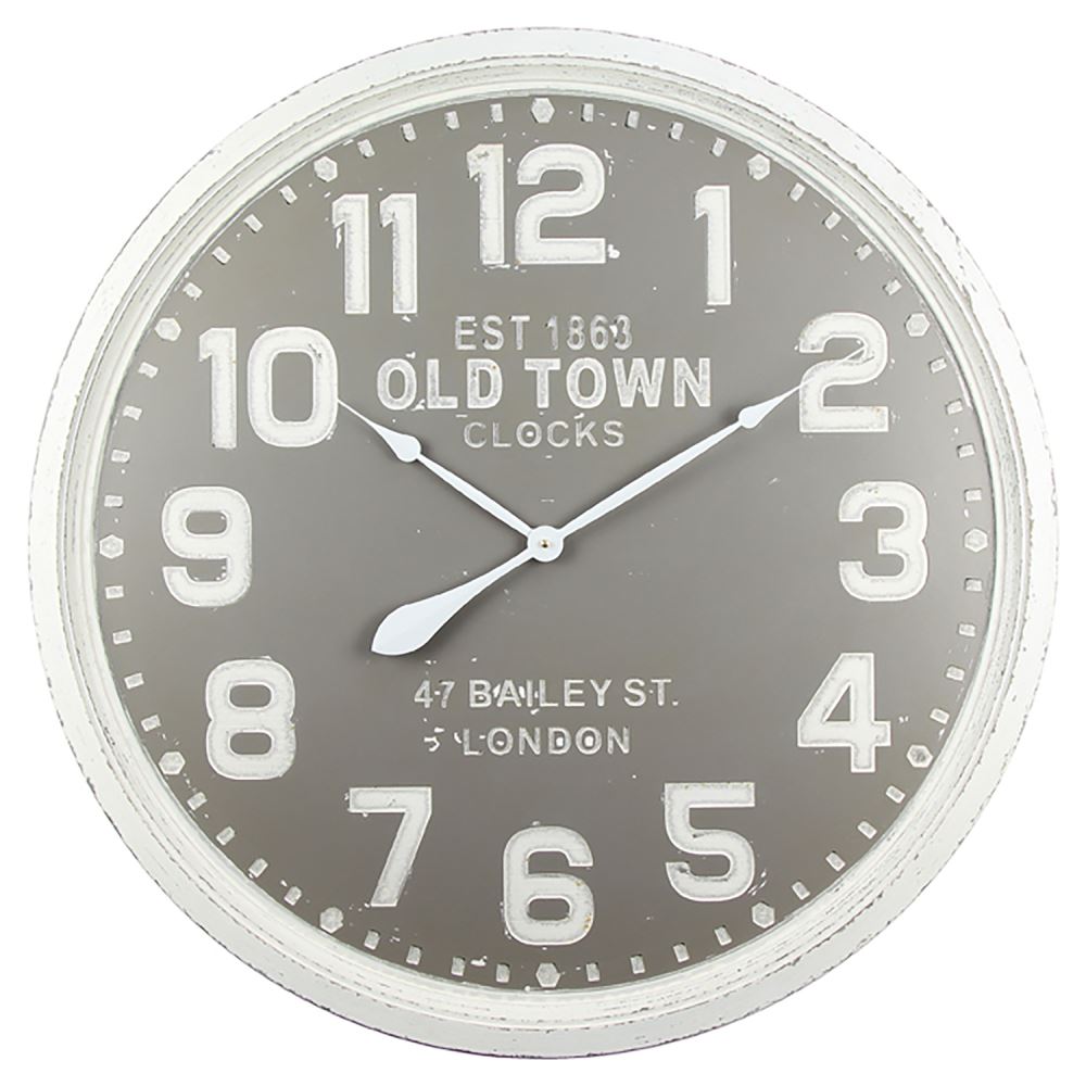 Stunning Old Town Grey wall clock made of MDF, measuring 800x800mm with hooks for easy hanging.