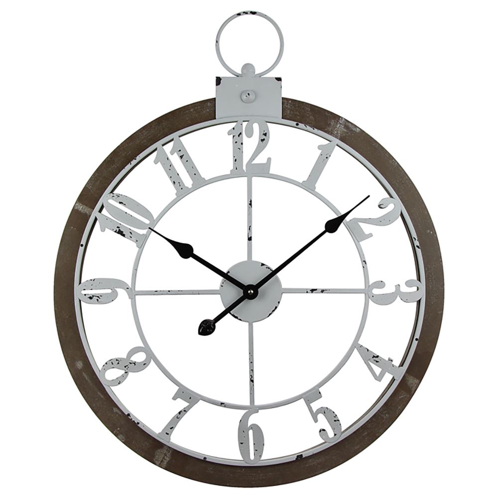 Stunning large iron wall clock with MDF, features hooks for hanging, measuring 600x700mm.