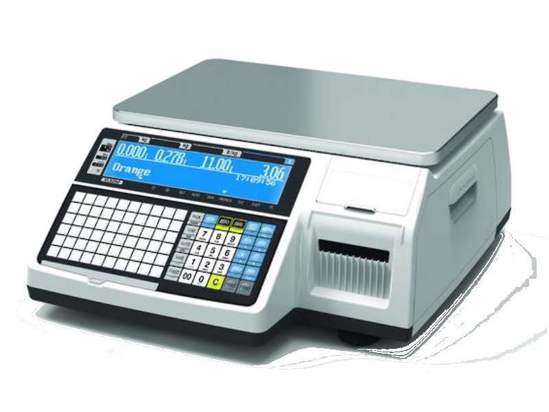 CAS CL5200 Retail Scale with label printing, 3-30 kg capacity, fast 100mm/sec printing, user-friendly display, and versatile connections.