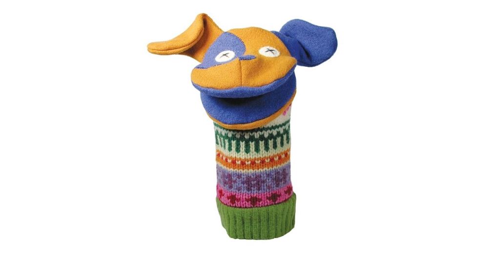 Charming eco-friendly Puppet Dog, handmade from recycled fabrics, perfect for imaginative play and storytelling.