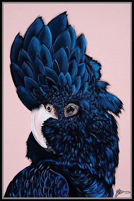 Canvas print featuring a vibrant pink feather design in a sleek black frame, sized 800 x 1200mm for stylish home decor.