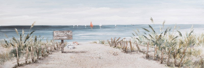 Oil painting of a beach scene, stretched on pine wood, measuring 500x1500mm, perfect for coastal decor.