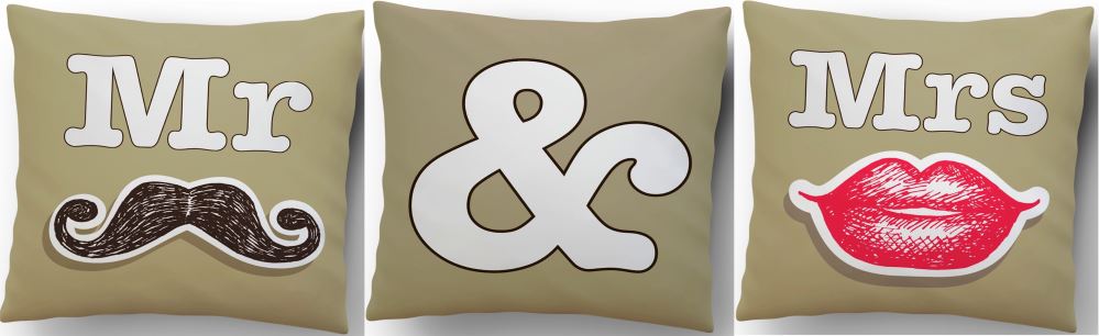 Set of 3 Mr & Mrs cushions with inner, perfect for home decor or as a wedding gift.