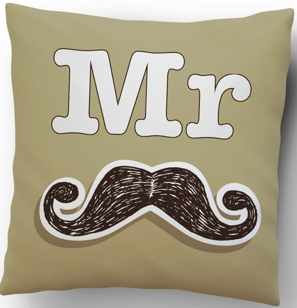 Cushion set featuring "Mr & Mrs" design, ideal for living spaces or as a newlywed gift, includes inner cushions.
