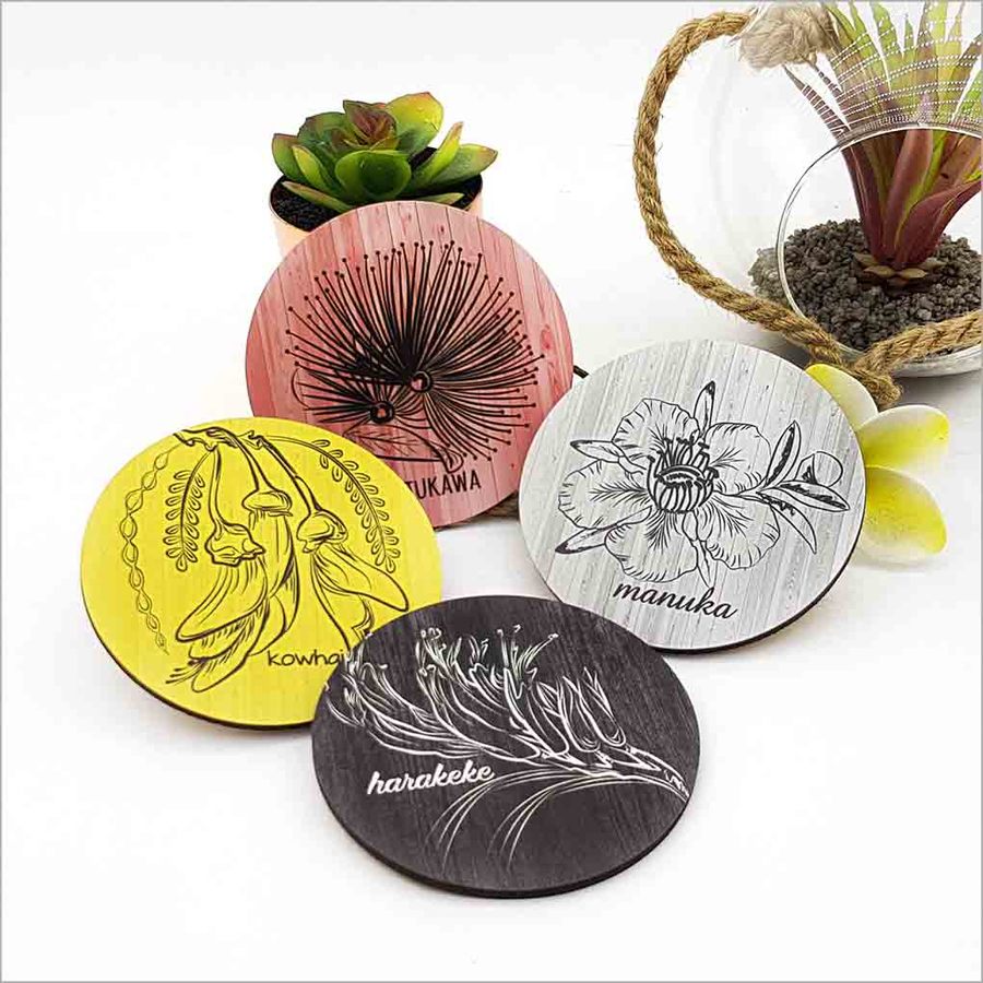 Kiwiana coasters featuring New Zealand's native flowers, made from durable MDF with a cork base, beautifully packaged in a gift box.