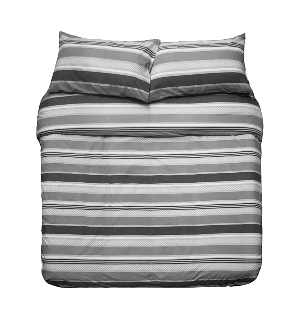 Elegant Indiana Grey quilt cover set for King Single beds, featuring durable cotton blend and soothing striped design.