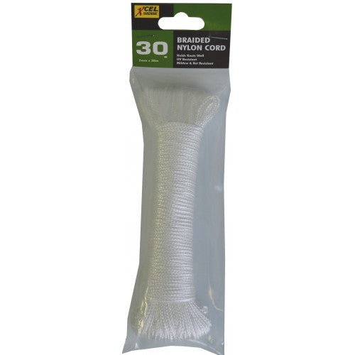 Durable 2mm x 30m white braided nylon cord in polybag, ideal for crafting and outdoor projects, water and rot-proof.