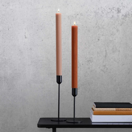 Set of two 27cm non-scented ribbed dinner candles in warm copper tones, perfect for festive dining and centerpieces.