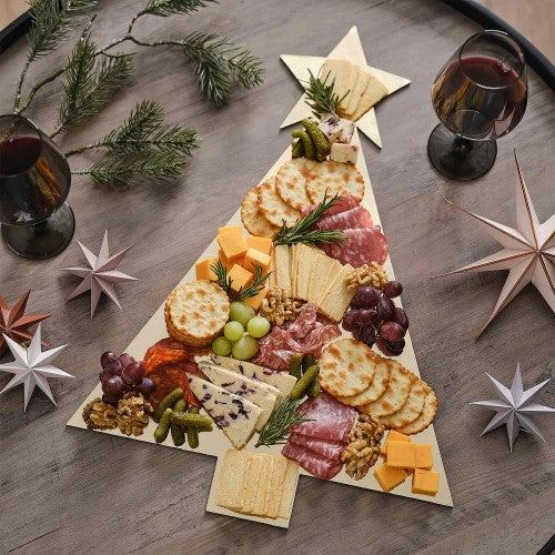 Cosy Copper Gold Christmas Tree Grazing Board, 56cm x 40cm, with festive 'Tis the Season for Food' tent card.