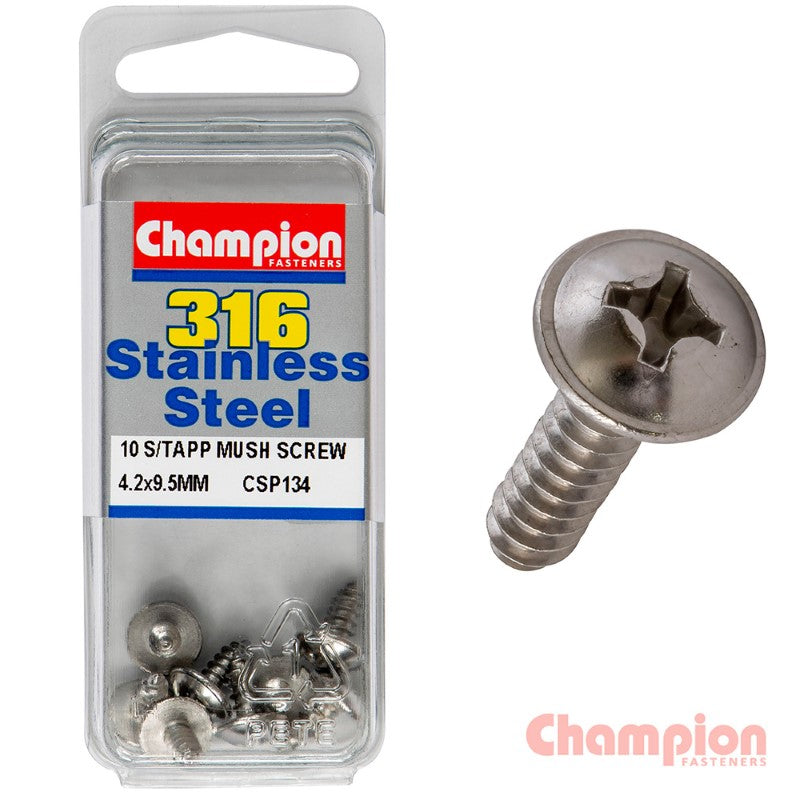 Champion S/Tapping Screws with Mushroom Head, 4.2 x 9.5mm, marine-grade stainless steel, pack of 10, corrosion-resistant fasteners.