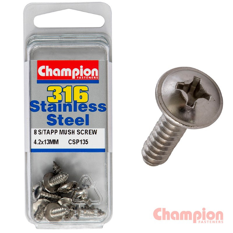 Mushroom head self-tapping screws, 4.2 x 13mm, marine-grade stainless steel, durable for woodworking & metalworking. Pack of 8.