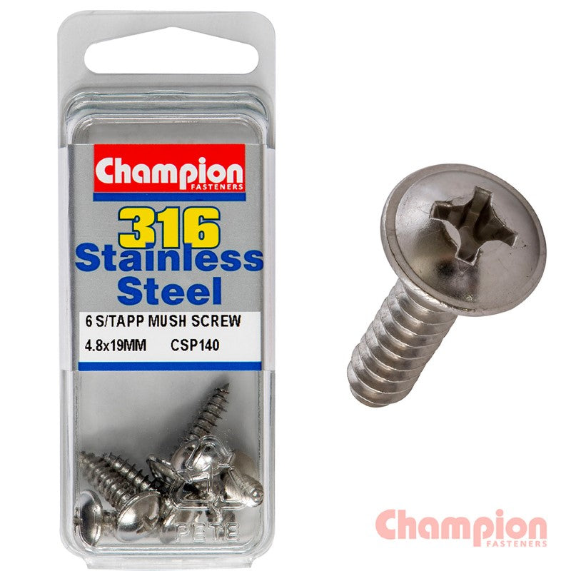 Champion S/Tapping Screws - Mushroom Head, 4.8 x 19mm, stainless steel, self-tapping, corrosion-resistant, pack of 6.