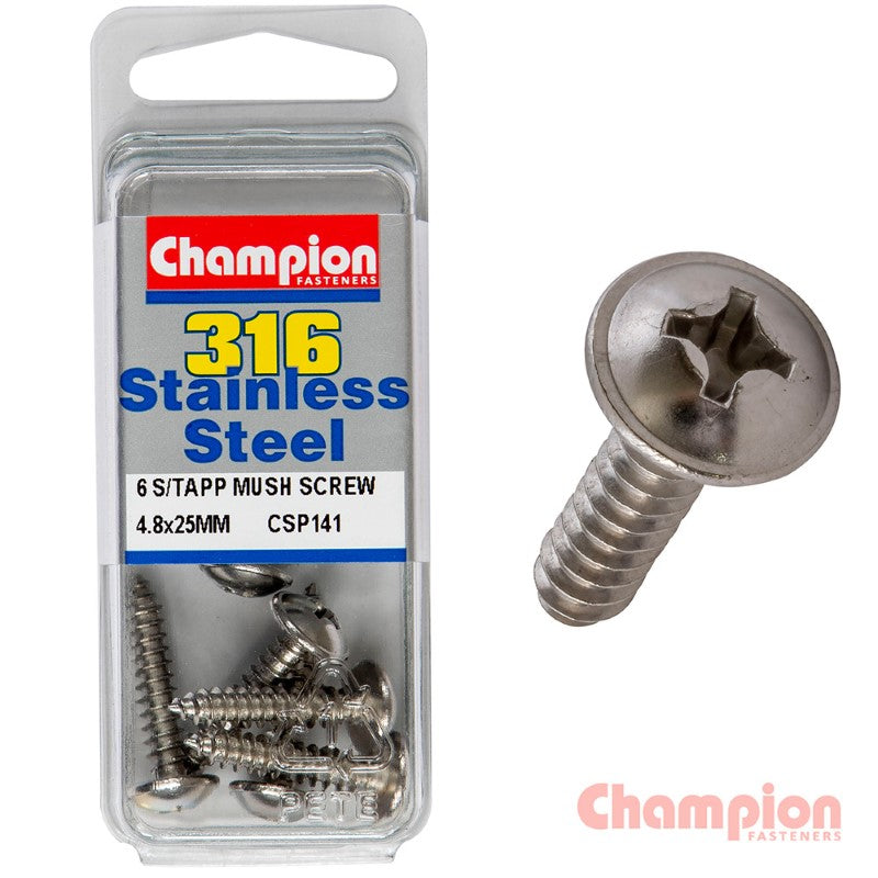 Mushroom head self-tapping screws, 4.8mm x 25mm, marine-grade stainless steel, pack of 6 for strong outdoor fastening.